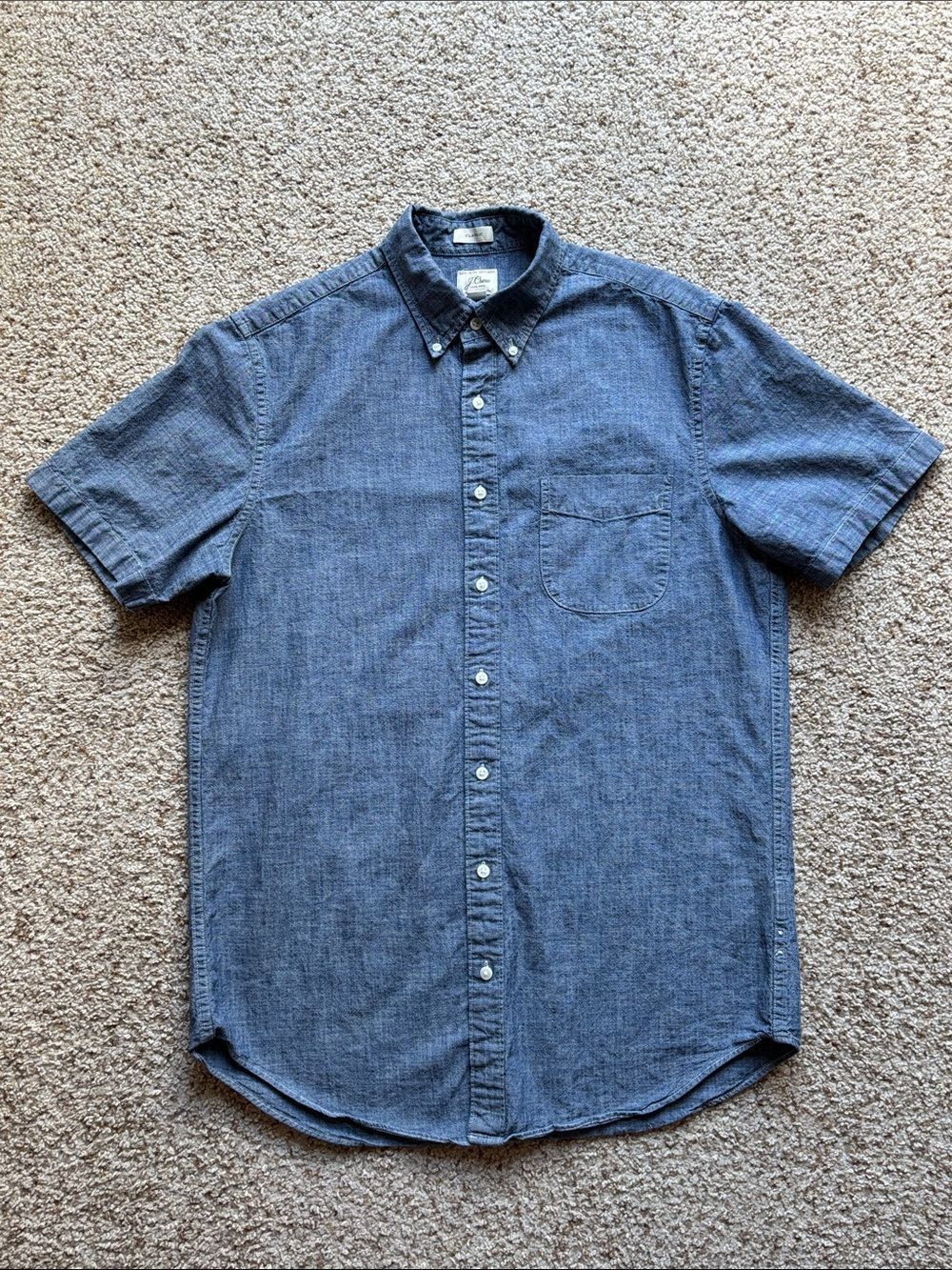 J.Crew Men’s Blue Short Sleeve Chambray Button Front Shirt Organic Cotton M Tall